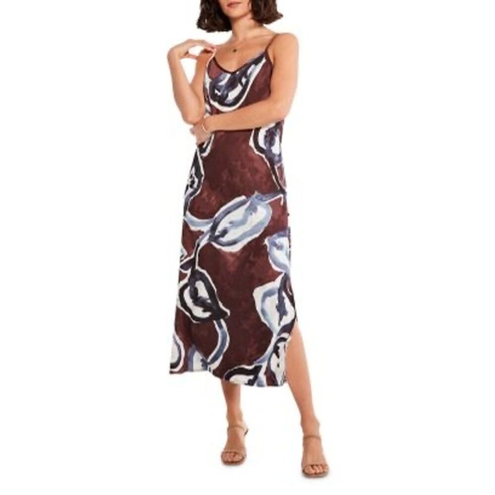 NIC+ZOE Watercolor Vines Slip Dress Size M Brown Blue Floral Midi Side Slit